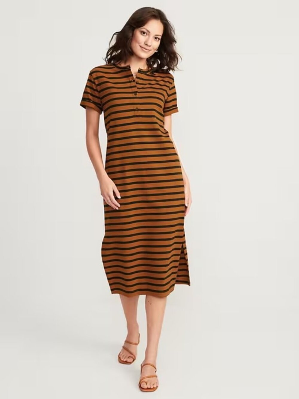 Old Navy Short-Sleeve Striped Henley Midi Shift Dress XL Earth Brown and Navy